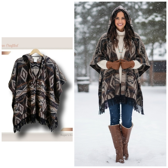 Artisan Crafted Sweaters - 🌿Artisan Crafted Women's Medium Boho Hooded Cape Fringed Cardigan